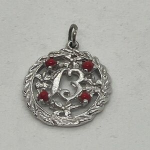 Vtg 925 Sterling Silver Red Stone 13 Thirteen Charm / Pendant